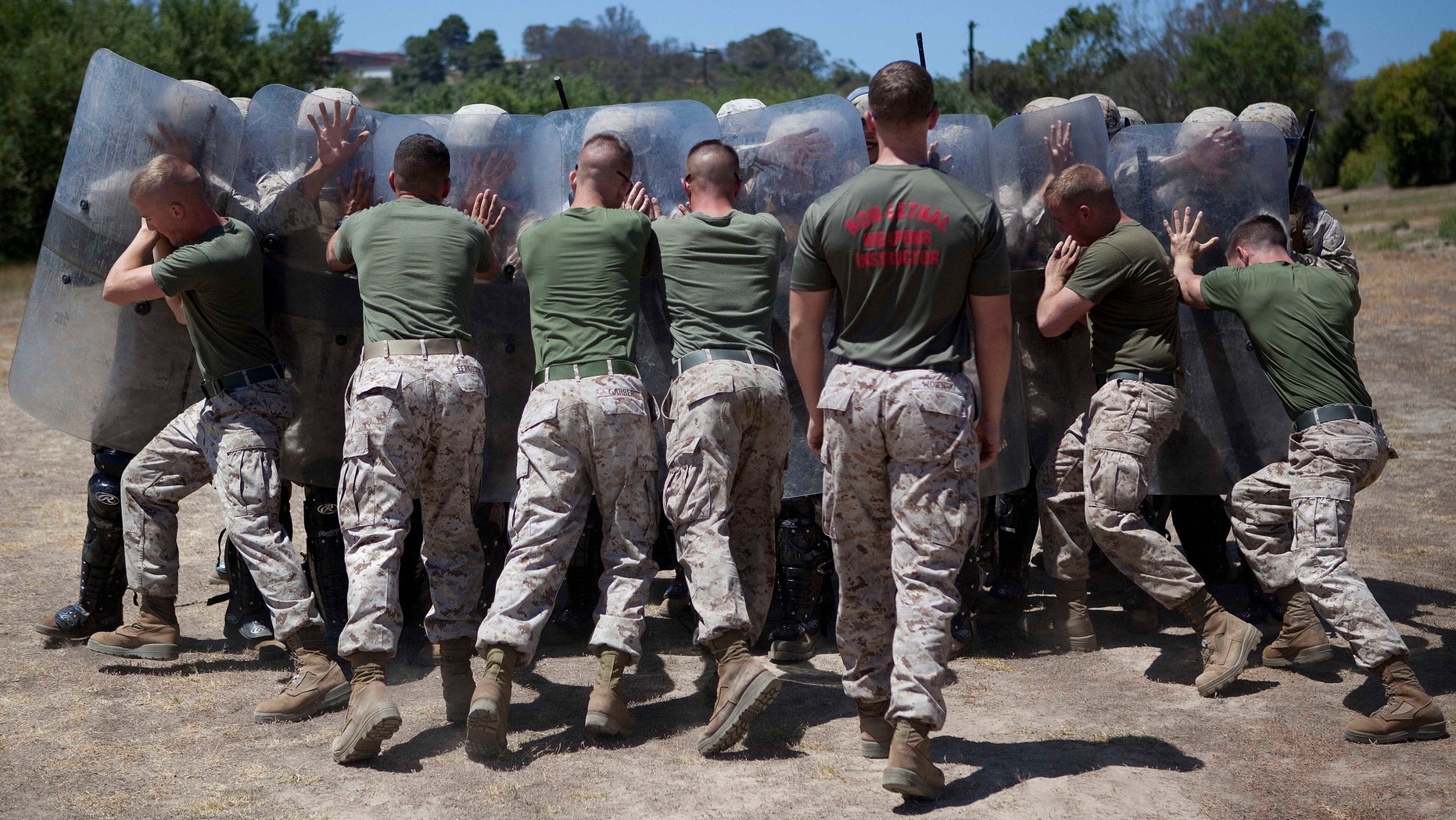 July 19, 2012: Marines in Bravo Company of the 1st Law Enforcement Battalion practice non-lethal crowd control techniques at the Marine Corps base at Camp Pendleton, Calif.