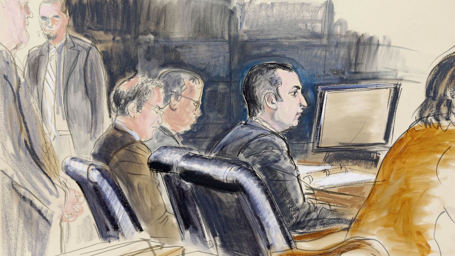 Feb. 25, 2013: In this courtroom sketch, former New York City Police Officer Gilberto Valle, second right, is seated at federal court in New York.