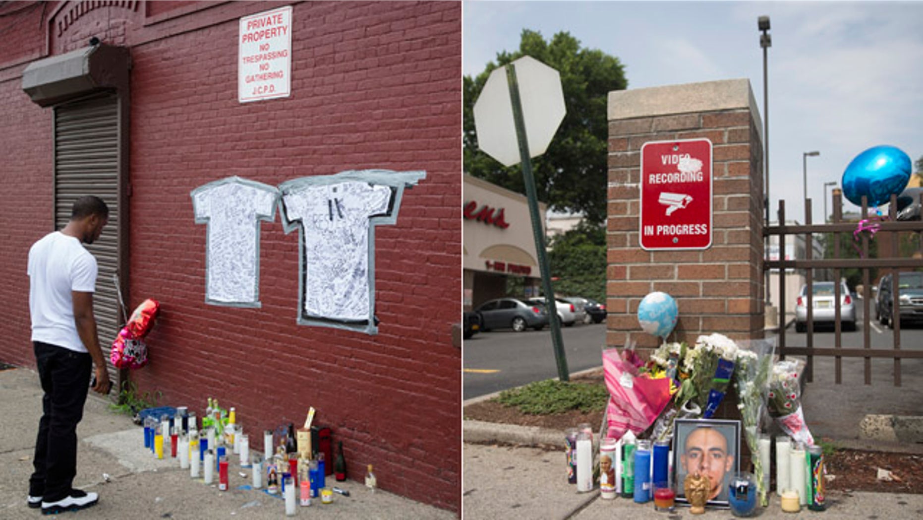 July 14, 2014: These images show memorials to Lawrence Campbell, left, and Jersey City, N.J. police officer Melvin Santiago. Authorities say Campbell fatally shot Santiago as the officer responded to a report of a robbery at a Walgreens store Sunday. (AP)