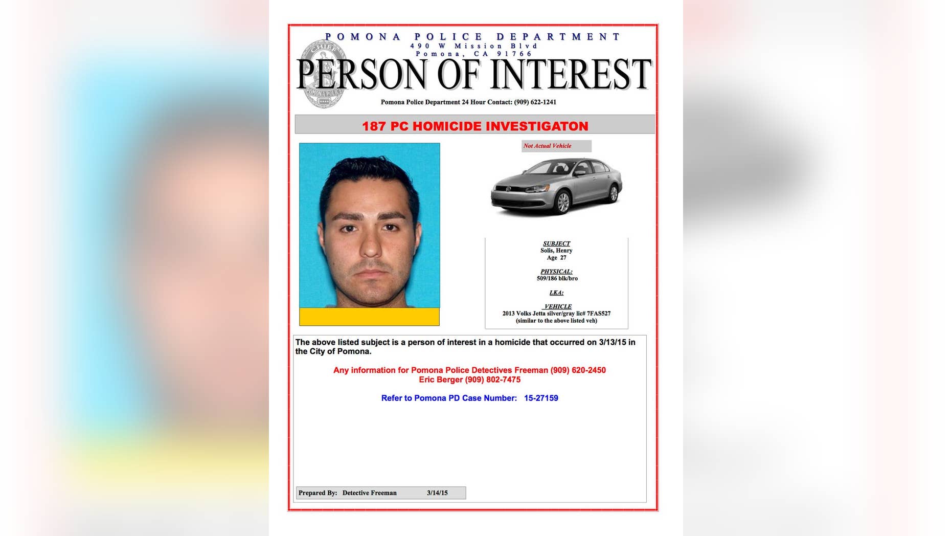 This Internet 'person of interest' message posted online by the Pomona, Calif., Police Department shows Henry Solis. (AP/Pomona Police Department)