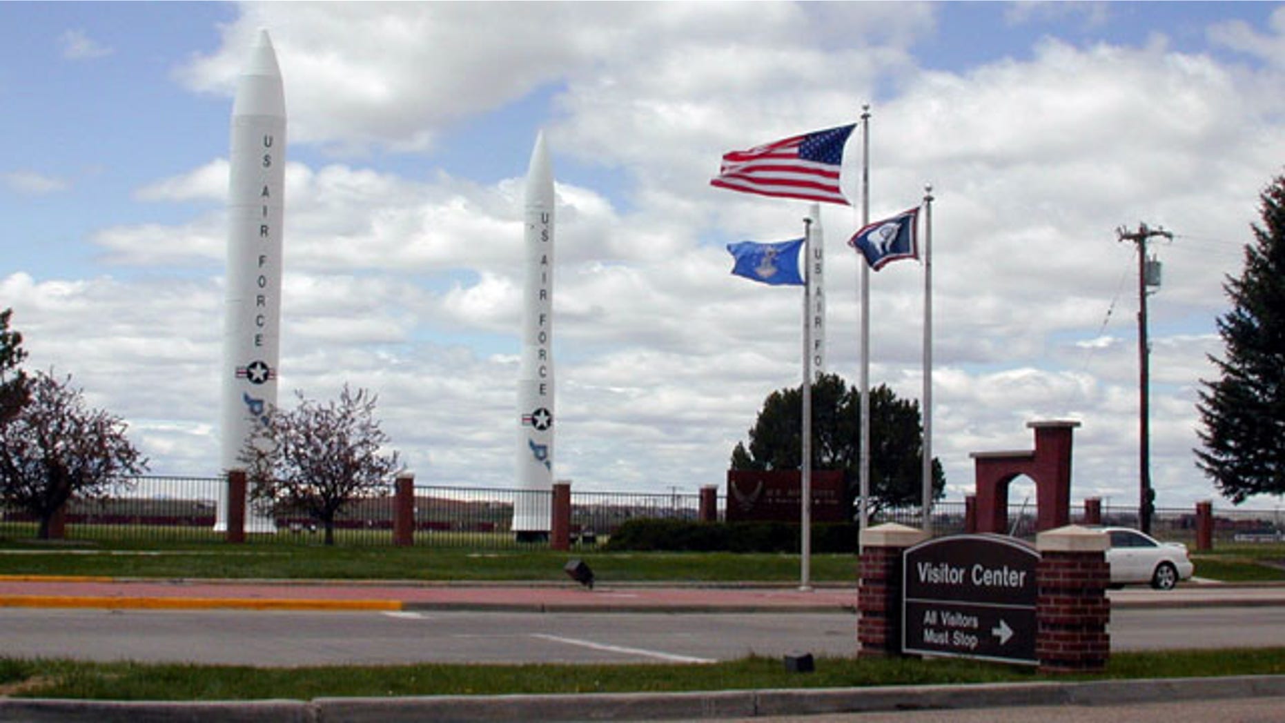 May 13, 2005: This photo shows the three types of missiles that flank the main gate of F.E. Warren Air Force Base, Wyo. An Air Force spokesman said an equipment failure disrupted communication between 50 nuclear missiles and the launch control center at the base on Oct. 23.