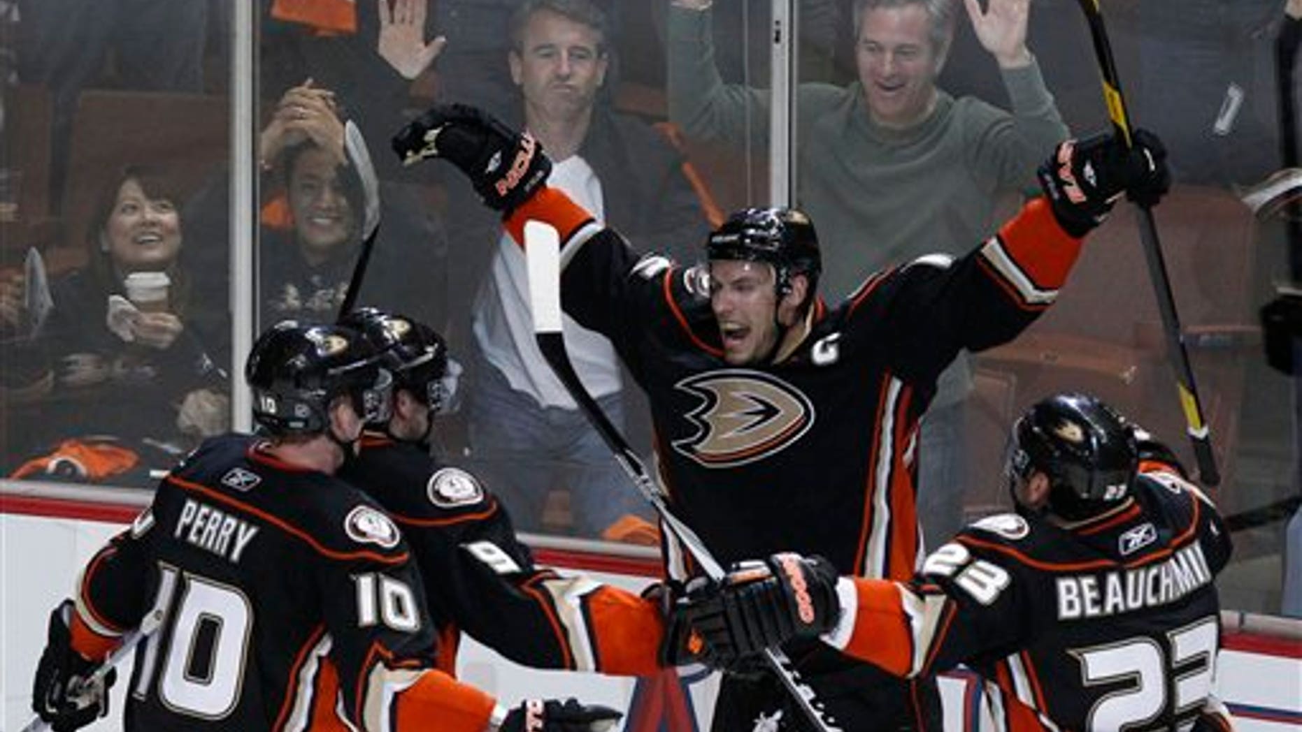 April 15: Anaheim Ducks center Ryan Getzlaf, middle celebrates his goal against the Nashville Predators during the second period of Game 2 of a first-round NHL Stanley Cup playoff hockey series in Anaheim, Calif. (AP)