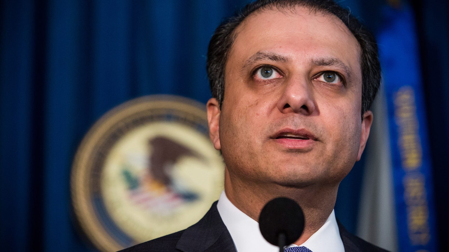 NEW YORK, NY - NOVEMBER 04: U.S. Attorney for the Southern District of New York, Preet Bharara, speaks at a press conference to announce a proposed resolution to insider trading and civil charges against four S.A.C. Capital Management companies, on November 4, 2013 in New York City. The S.A.C. will have to pay $900 million in fines. (Photo by Andrew Burton/Getty Images)