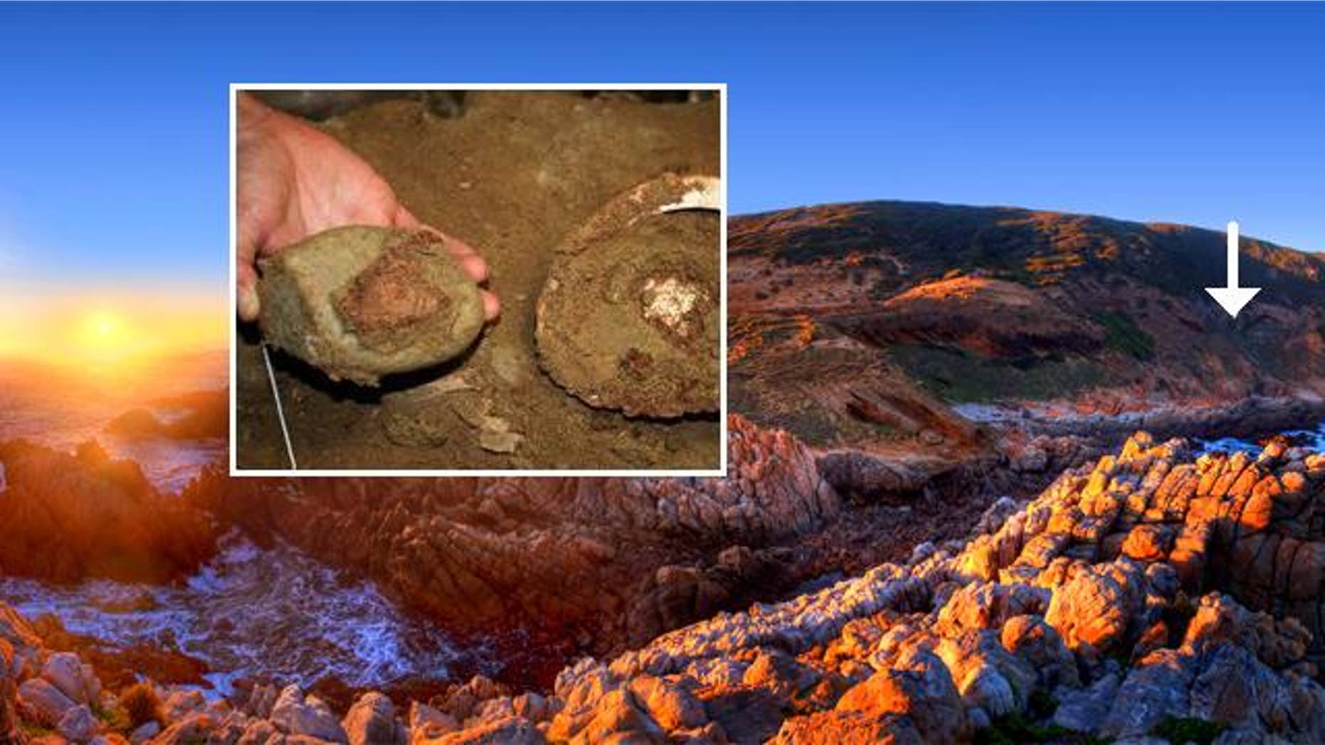 Blombos cave -- indicated at right with a white arrow -- the South African site where researchers have discovered a 100,000-year-old workshop apparently used by early humans to make, mix and store primitive paints with abalone shells (nset).