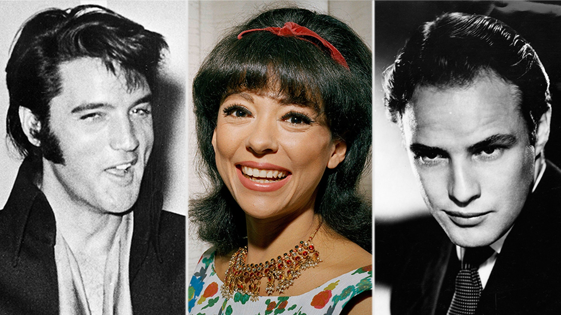 Rita Moreno (center) of "West Side Story" fame claimed that Marlon Brando (right) was a better lover in bed than Elvis Presley.