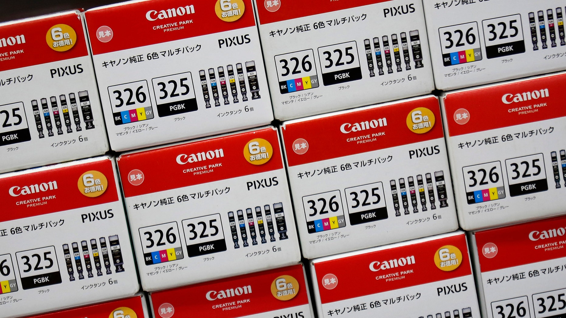 File photo - Canon's printer ink packages are pictured at an electronic shop in Tokyo Oct. 23, 2013.
