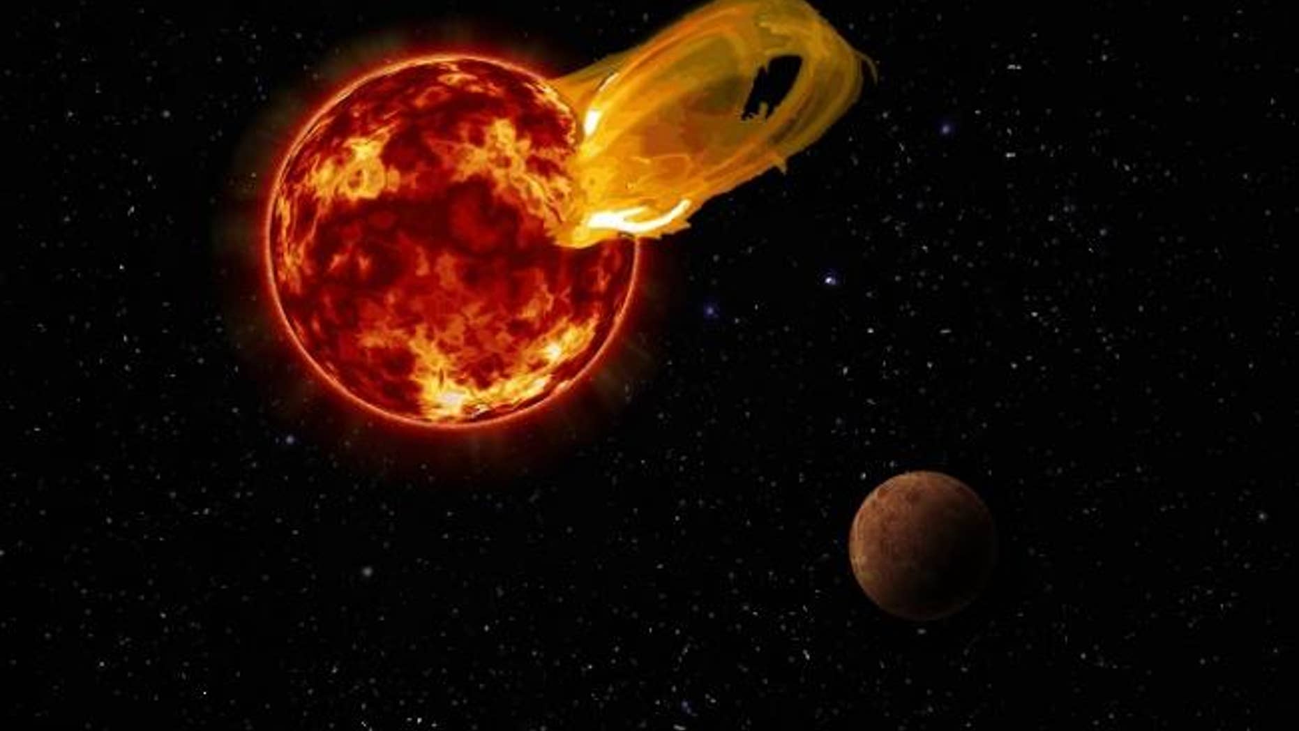 An artist's illustration of a flare from Proxima Centauri, modeled after the loops of glowing, hot gas seen in the largest solar flares. The planet Proxima b, seen here in an artist's impression, orbits Proxima Centauri 20 times closer than Earth orbits the sun. A flare 10 times larger than a major solar flare would blast Proxima b with 4,000 times more radiation than Earth gets from solar flares.