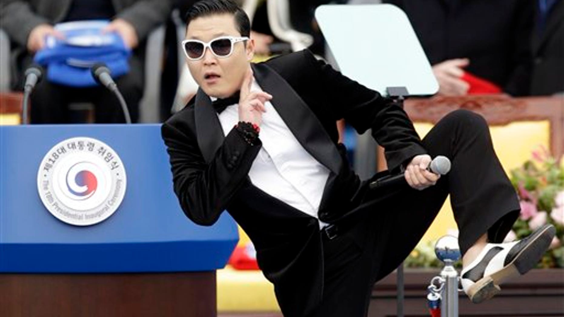 South Korean rapper PSY performs before President Park Geun-hye's presidential inauguration ceremony.