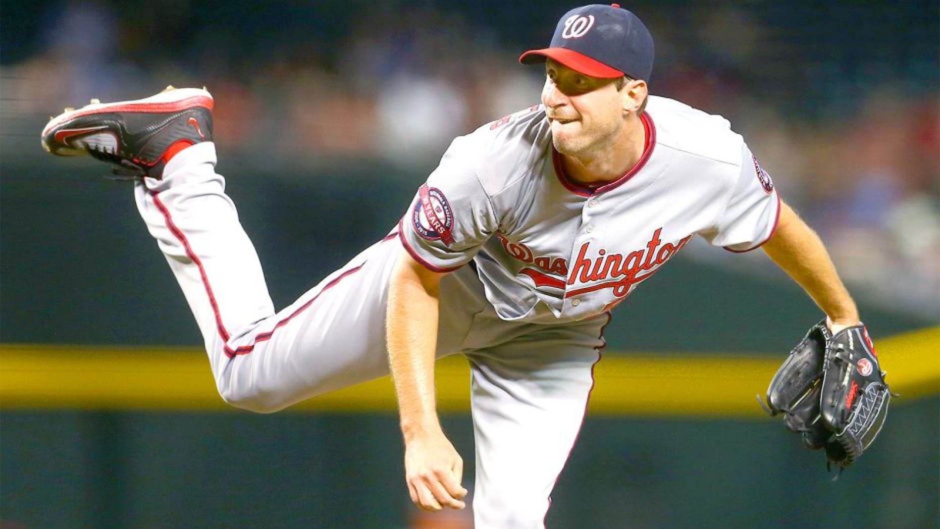 May 11, 2015; Phoenix, AZ, USA; Washington Nationals pitcher Max Scherzer against the Arizona Diamondbacks at Chase Field. Mandatory Credit: Mark J. Rebilas-USA TODAY Sports