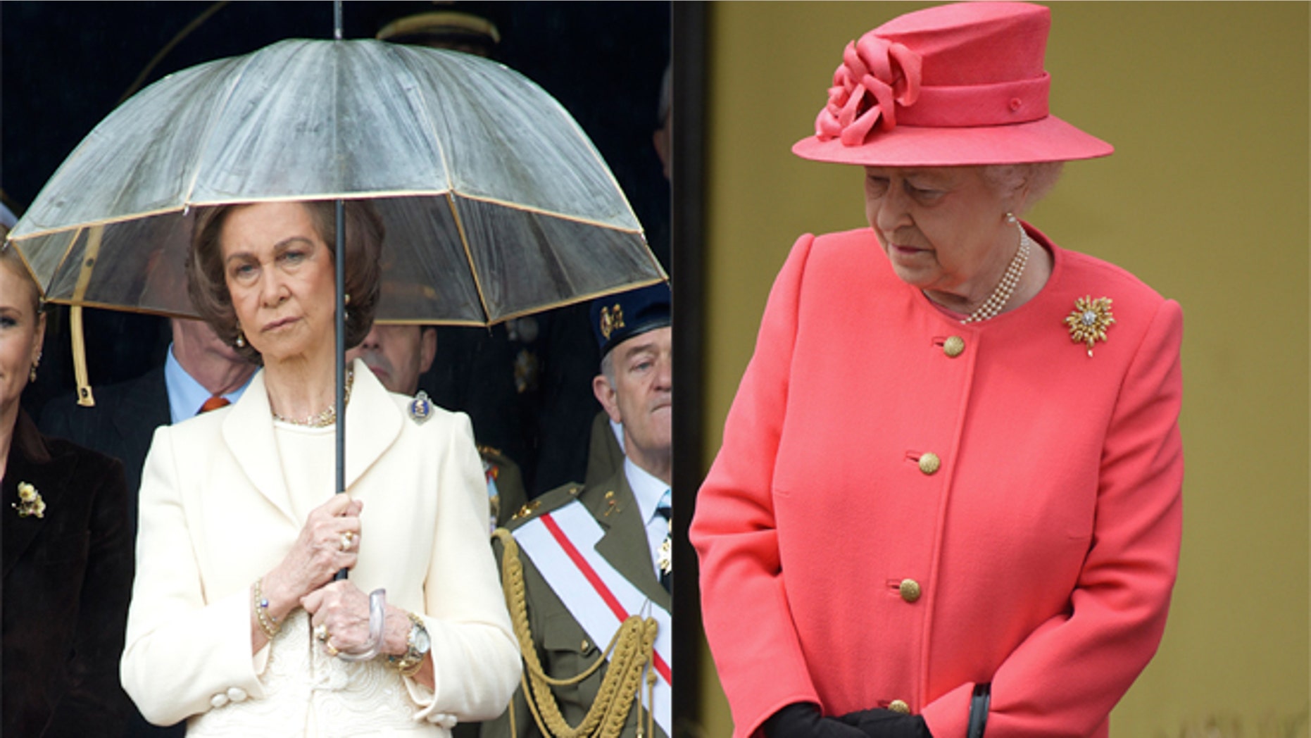 Queen Sofia of Spain pictured on the left. Queen Elizabeth II of Britain on the right.