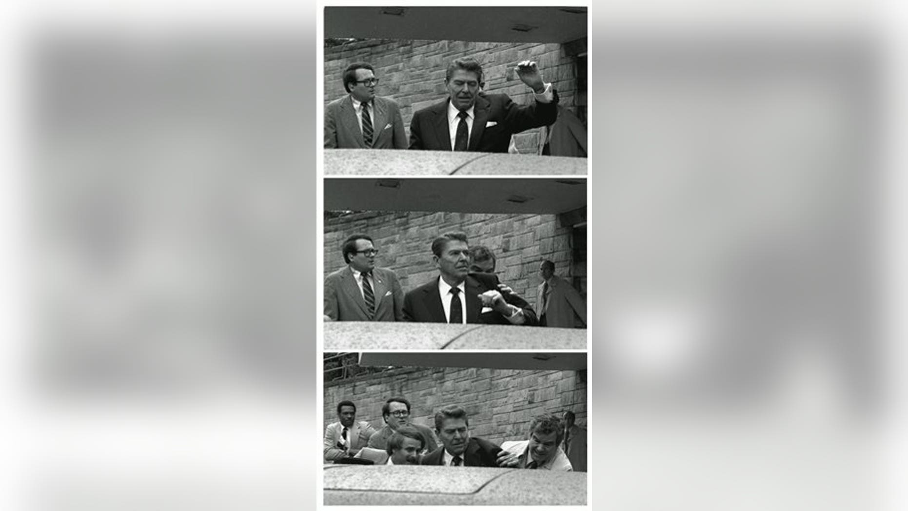 In this March 30, 1981, black-and-white three picture combo file photo, President Reagan waves, then looks up before being shoved into Presidential limousine by Secret Service agents after being shot outside a hotel in Washington. (AP Photo/Ron Edmonds, File)