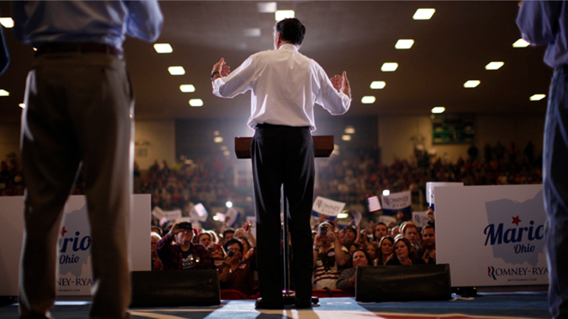 Republican presidential candidate and former Massachusetts Gov. Mitt Romney campaigns at the Veterans Memorial Coliseum, Marion County Fairgrounds, in Marion, Ohio, Sunday, Oct. 28, 2012. (AP Photo/Charles Dharapak)
