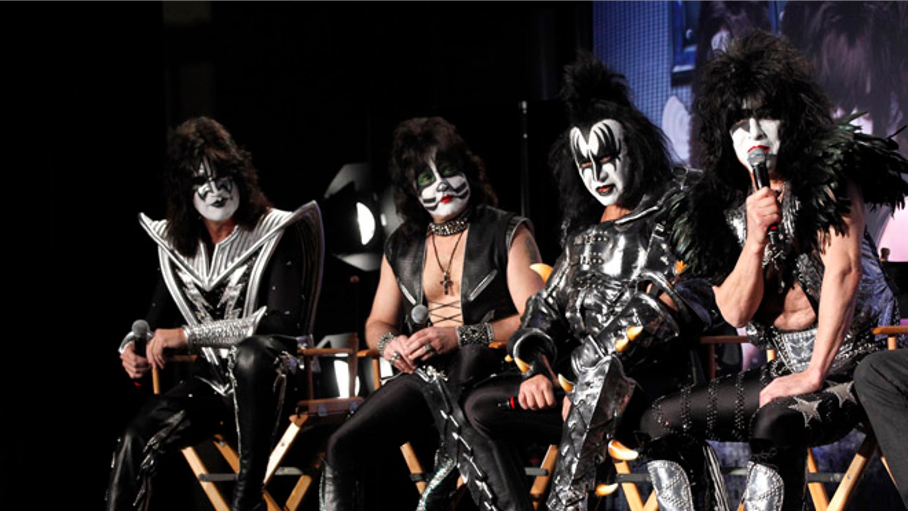 March 20, 2012: Rock band Kiss (from L-R) Tommy Thayer, Eric Singer, Gene Simmons and Paul Stanley attend a news conference to announce the "Kiss, Motley Crue: The Tour" in Hollywood, California.
