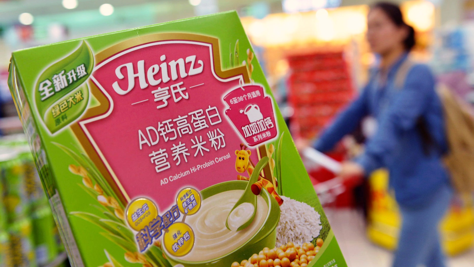 A box of Heinz AD Calcium Hi-Protein Cereal, which is part of a batch of the cereal not affected by a recent recall, is pictured at a supermarket in Hangzhou, Zhejiang province August 18, 2014.