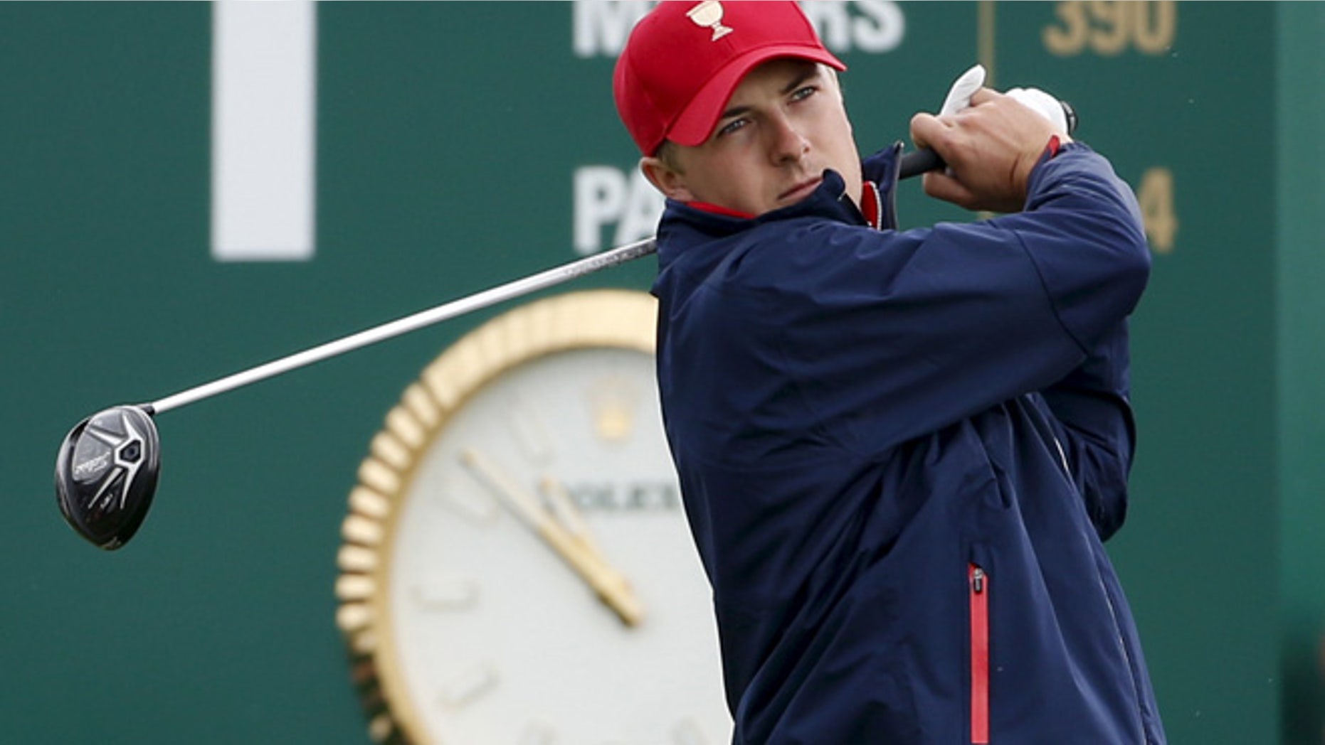 Oct. 11, 2015: U.S. team member Jordan Spieth tees off on the first hole during their singles matches of the 2015 Presidents Cup golf tournament.