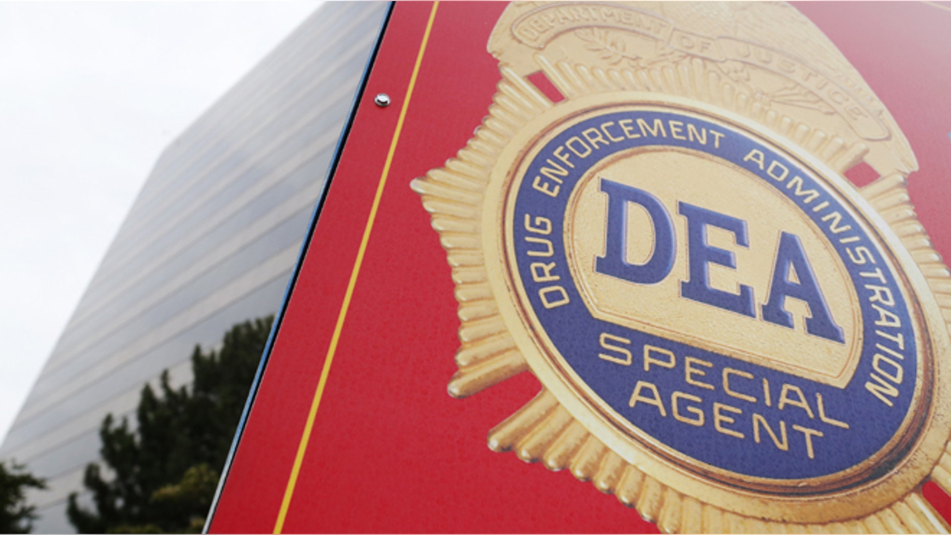A sign with a DEA badge marks the entrance to the U.S. Drug Enforcement Administration (DEA) Museum in Arlington, Virginia.