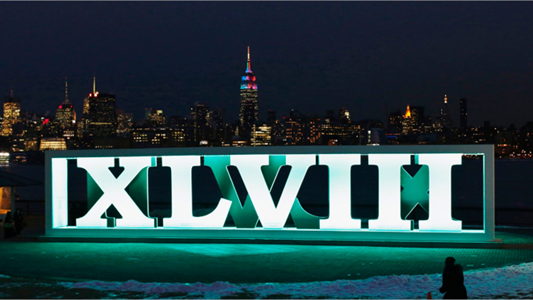 Jan. 28, 2014: The New York skyline and the Empire State Building are seen in the distance as a woman tries to take a picture of Roman numerals for NFL Super Bowl XLVIII football game in Hoboken, New Jersey, January 28, 2014. New Jersey's MetLife Stadium will host the first outdoor, cold-weather Super Bowl on February 2. (Reuters)