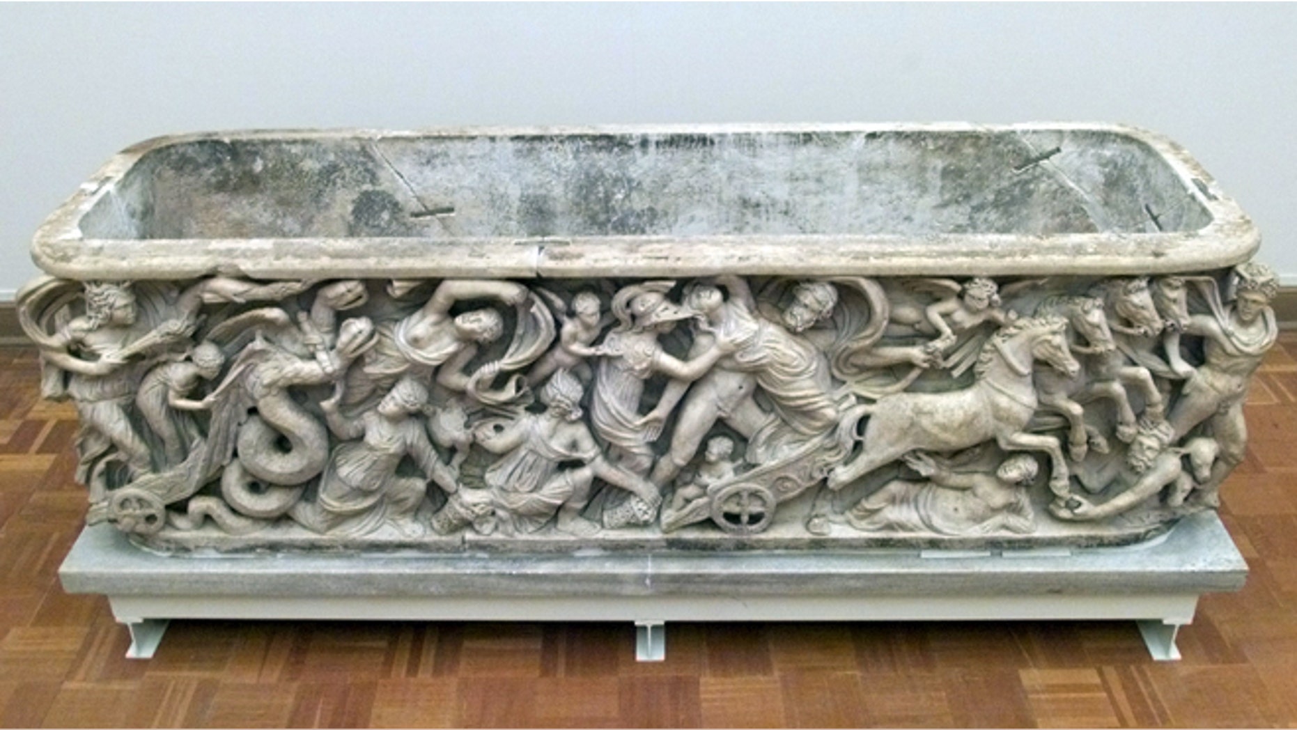 The completely restored sarcophagus of Emperor Charles the Great, or Charlemagne, (742-814) with scenes of the mythological story of Proserpina's kidnapping was displayed in Berlin's museum for antiquity and Byzantine art.