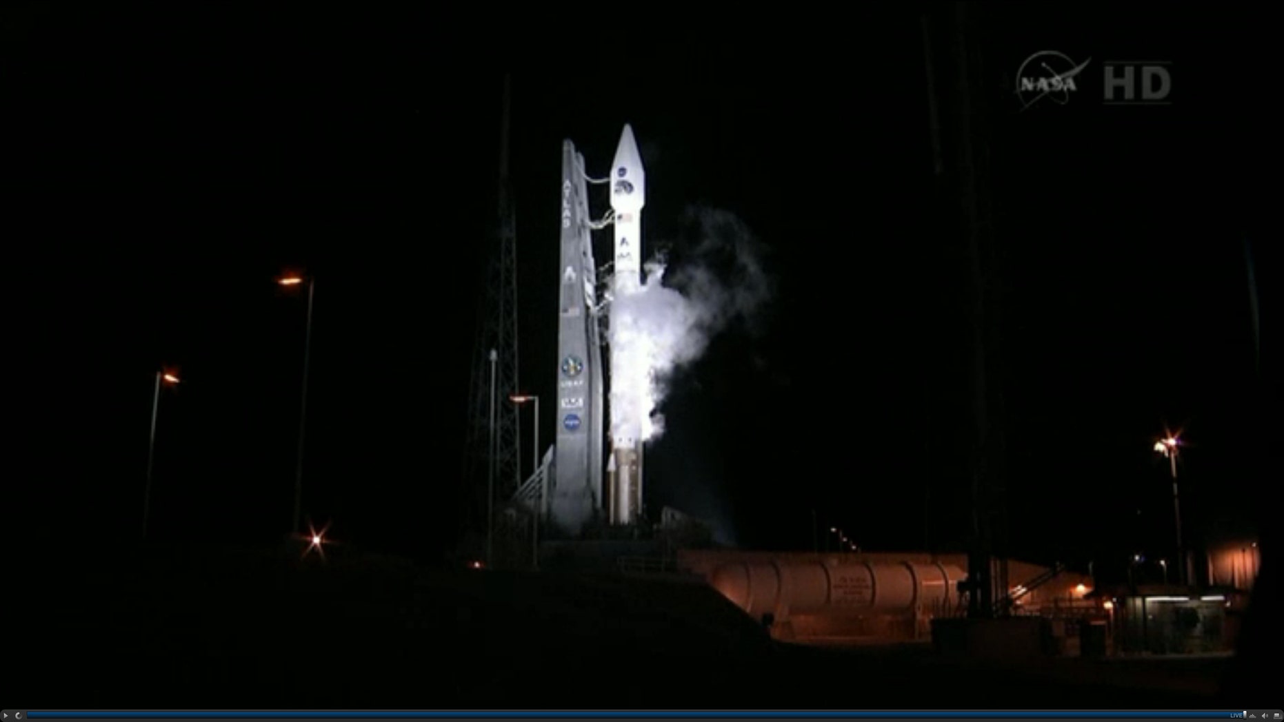 Aug. 24, 2012: This framegrab image provided by NASA-TV shows the Atlas V first stage and Centaur upper stage sitting on the launch pad at Cape Canaveral Air Force Station, Florida just prior to launch.