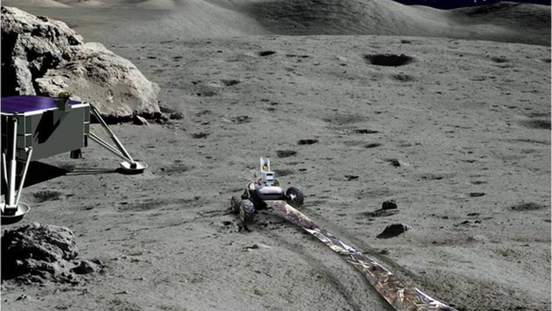 Artist's concept of radio telescope array being emplaced by human-controlled rover on the far side of the moon.