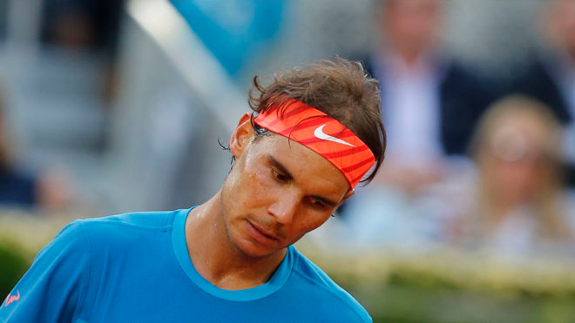 Rafael Nadal of Spain reacts during the men's singles final match against Andy Murray of Britain at the Madrid Open Tennis tournament in Madrid, Spain, Sunday, May 10, 2015. (AP Photo/Paul White)