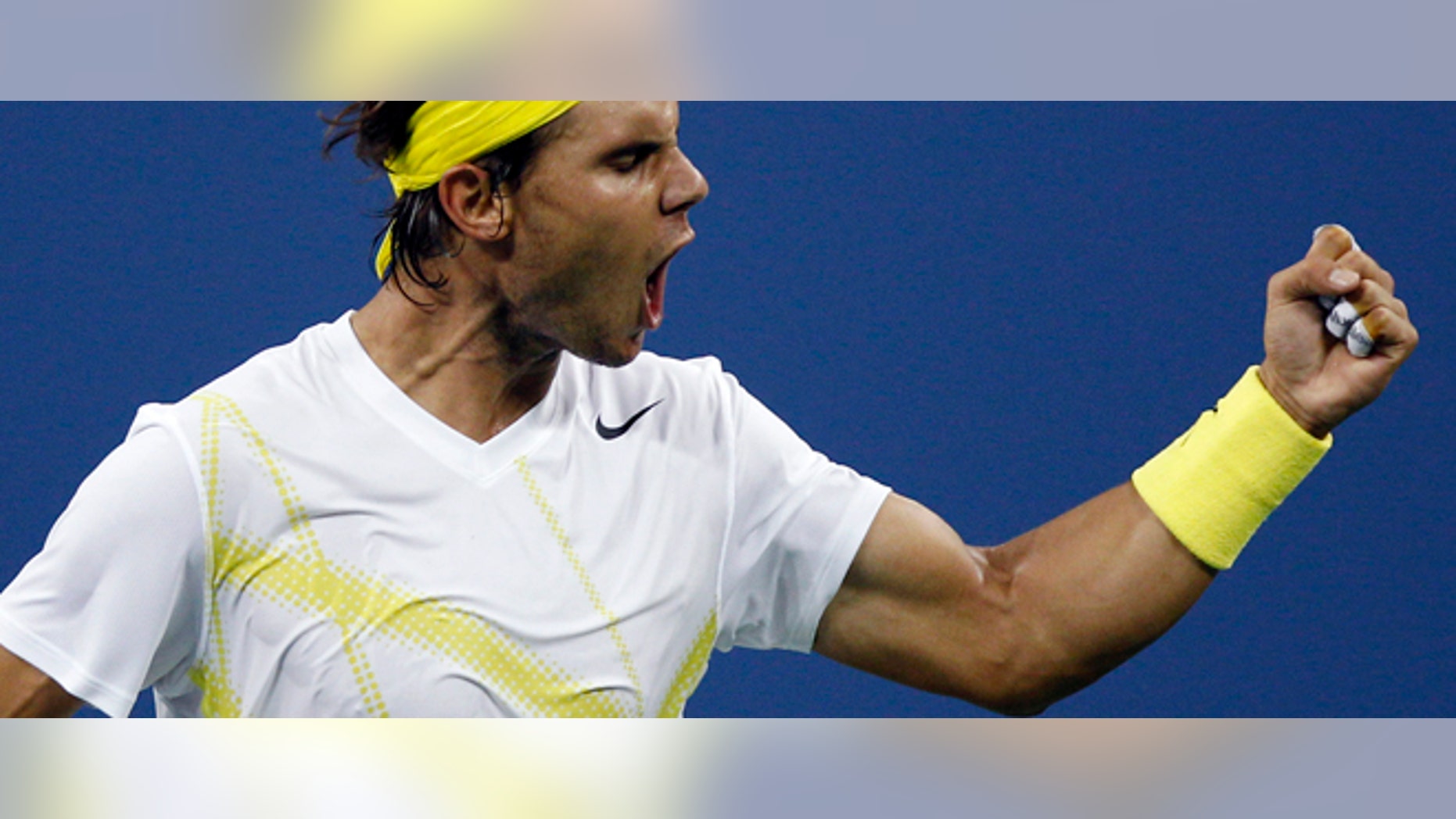 Rafael Nadal, of Spain, pumps his fist after beating Andrey Golubev, of Kazakhstan, 6-3, 7-6 (1),7-5 during the first round of the U.S. Open tennis tournament in New York, Tuesday, Aug. 30, 2011. (AP Photo/Charles Krupa)