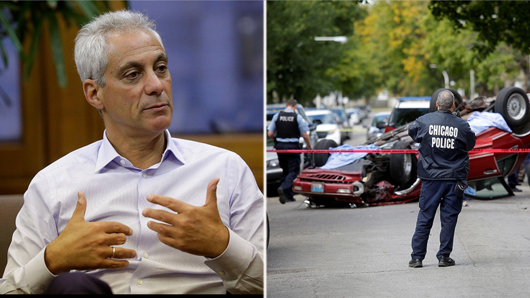 Mayor Rahm Emanuel, under fire over comments on the surging violence in Chicago. At right is one of multiple shooting scenes across the city in recent weeks. In this case, a man was shot in his car.