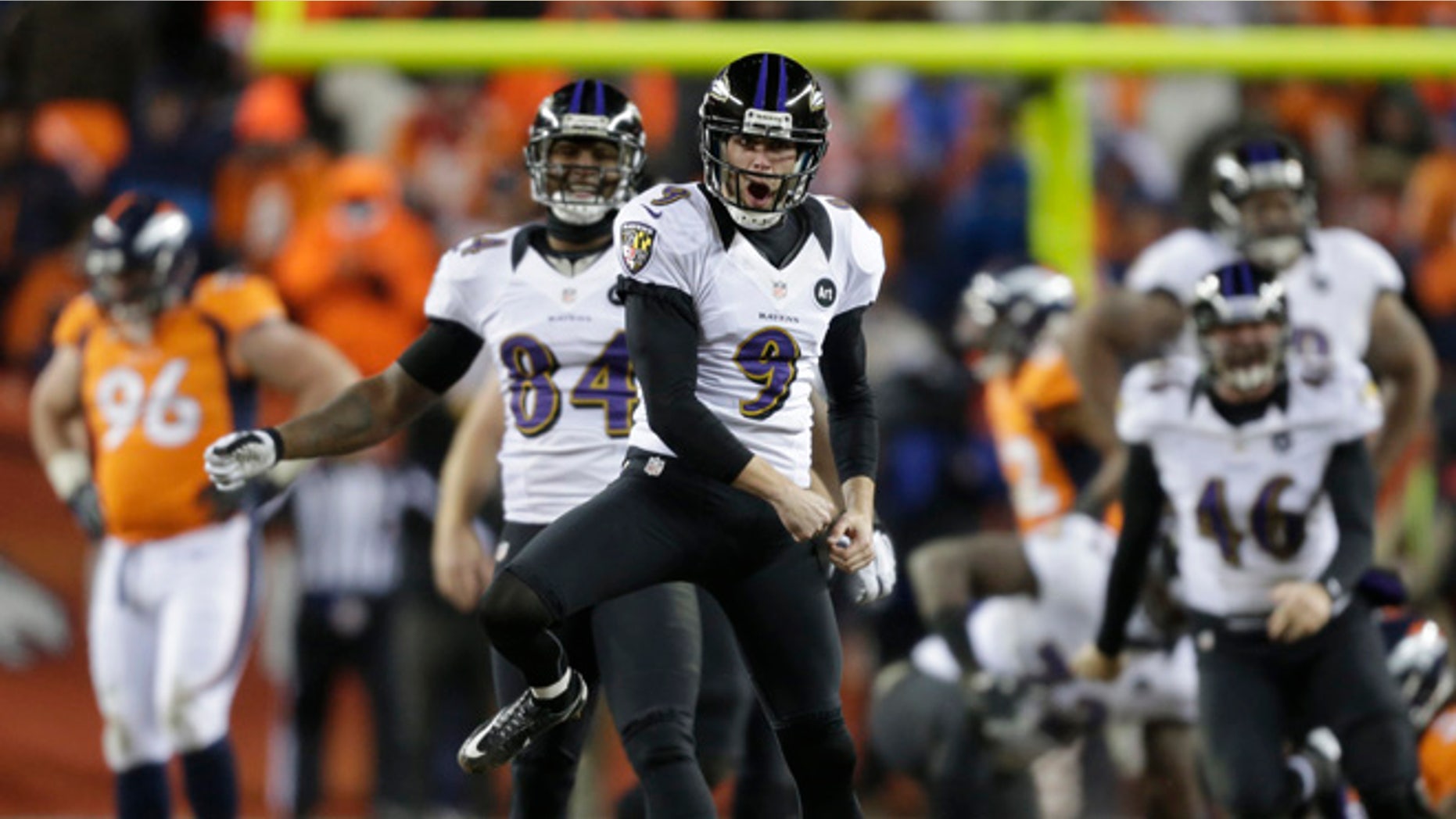 Jan. 12, 2013: Baltimore Ravens kicker Justin Tucker (9) reacts after hitting the winning field goal against the Denver Broncos in overtime of an AFC divisional playoff NFL football game in Denver.