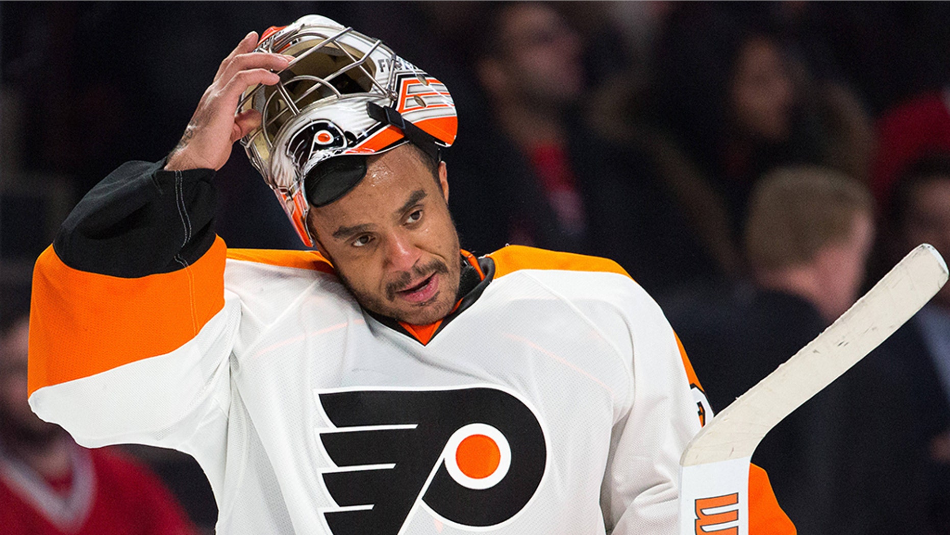 Ray Emery pictured in goal for the Philadelphia Flyers in February 2015, during his final National Hockey League season.