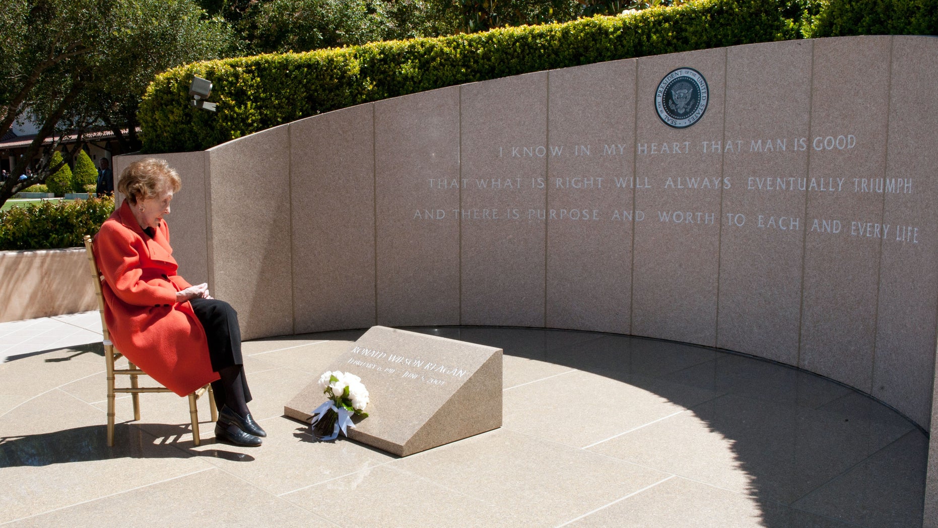 June 5, 2012: Nancy Reagan observes the eighth anniversary of the passing of her husband after laying flowers at his gravesite at the Ronald Reagan Presidential Library in Simi Valley, Calif.
