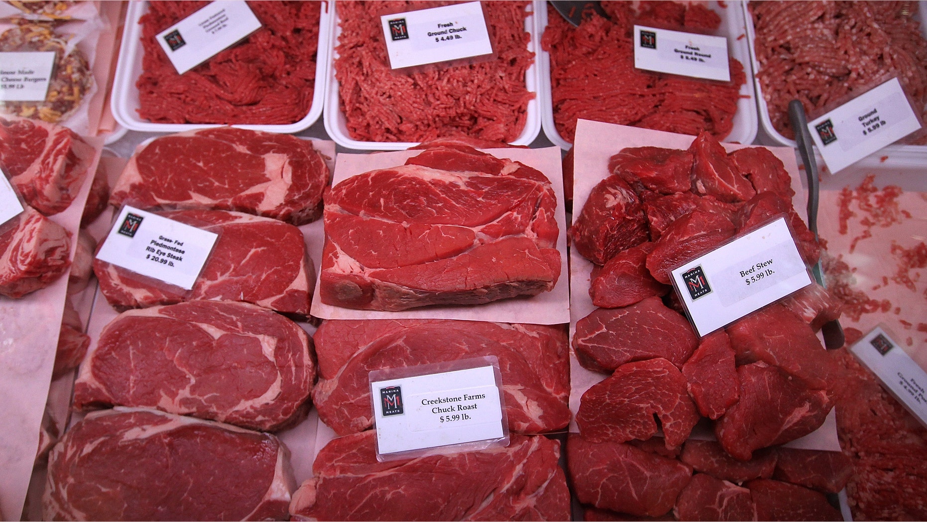 SAN FRANCISCO, CA - JANUARY 31: Cuts of beef are displayed at Marina Meats on January 31, 2012 in San Francisco, California. Severe drought is a contributing factor in the declining cattle count, which has sent wholesale beef prices up 6.4 percent in the past 12 months. The price for a pound of beef peaked in price at $1.98 a pound on November 23, the highest price since 2004. (Photo by Justin Sullivan/Getty Images)