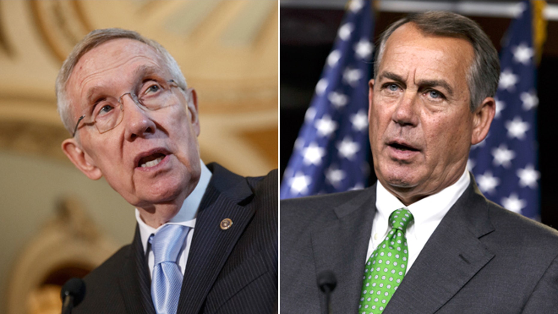 In this Sept. 16, 2014, file photo, Senate Majority Leader Harry Reid, D-Nev., speaks with reporters and in this Sept. 11, 2014, photo, House Speaker John Boehner of Ohio speaks during a news conference, both on Capitol Hill in Washington.