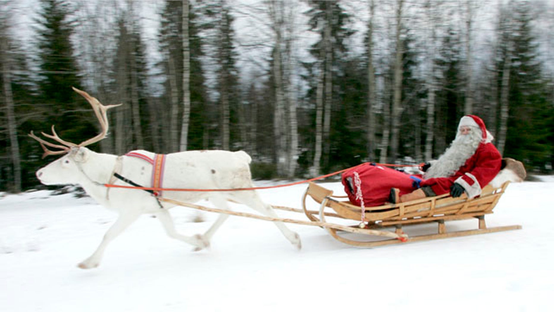 A man dressed as Santa Claus rides his sleigh as he prepares for Christmas on the Arctic Circle in Rovaniemi, northern Finland.