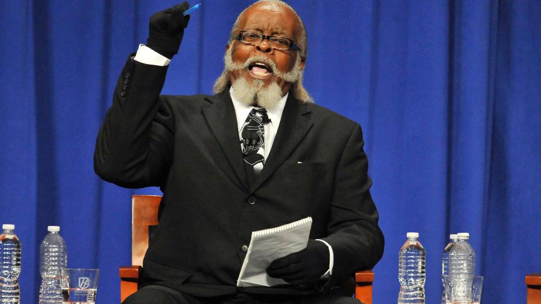 FILE - In this Oct. 18, 2010, file photo, candidate Jimmy McMillan makes a point during the New York State Gubernatorial debate held at Hoftstra University in Hempstead, N.Y. McMillan, who ran for governor in 2010, said Tuesday he’s facing an eviction notice that says he has to leave his rent-stabilized Manhattan apartment on St. Mark’s Place by Feb. 5, 2015. (AP Photo/Kathy Kmonicek, File)