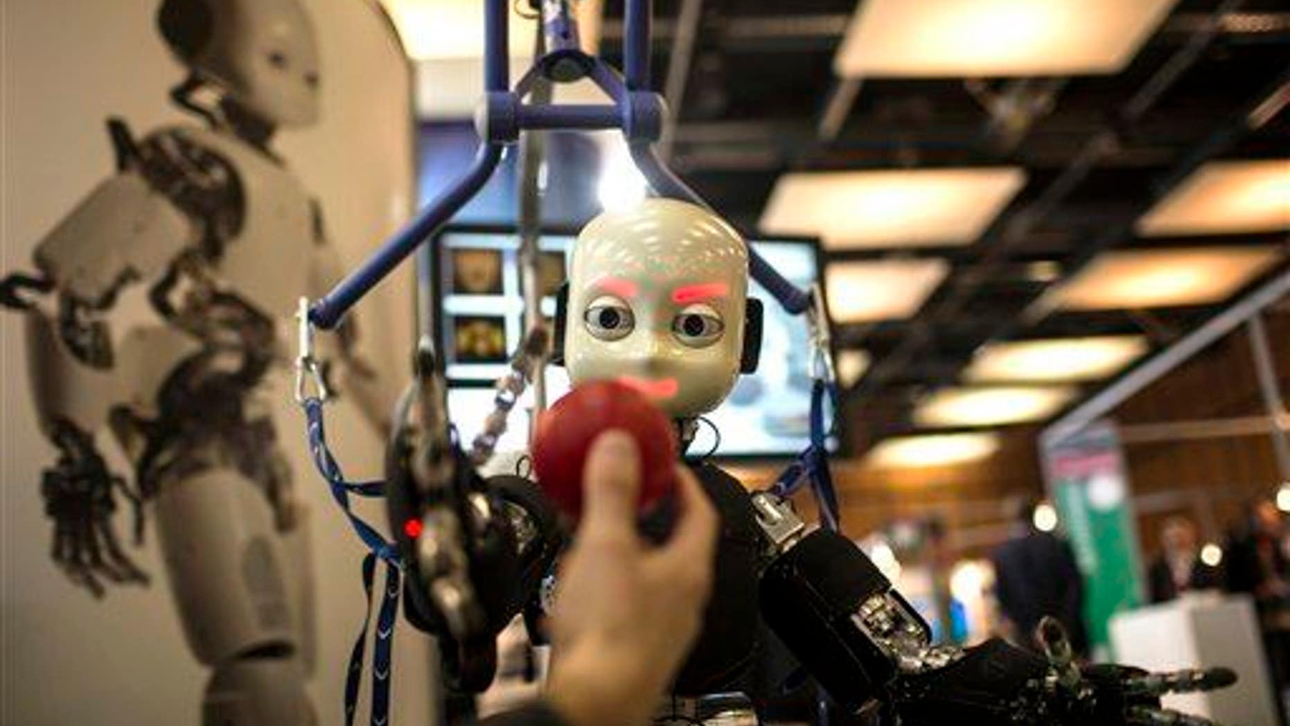This March 19, 2013, file photo shows the iCub robot trying to catch a ball.The iCub robot is used for research into artificial intelligence.