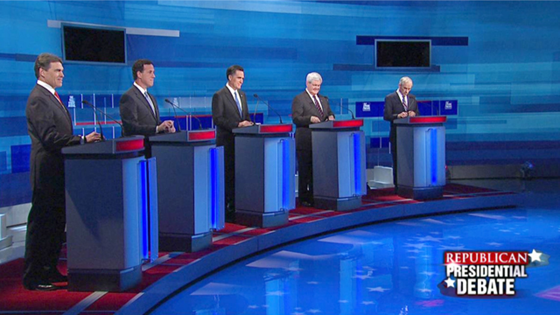 Jan. 16, 2012: Rick Perry, Rick Santorum, Mitt Romney, Newt Gingrich and Ron Paul square off in the Fox News/Wall Street Journal debate in Myrtle Beach, S.C.