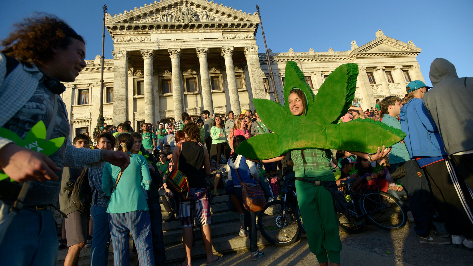 ADVANCE FOR USE SUNDAY, FEB. 16, 2014, AND THEREAFTER - FILE - In this Dec. 10, 2013 photo, people attend a demonstration in support of the legalization of marijuana outside the Congress in Montevideo, Uruguay. Uruguay's Senate approved the world's first national marketplace for legal marijuana. From the Americas to Europe to North Africa and beyond, the marijuana legalization movement has unprecedented traction, a nod to successful efforts in Colorado, Washington and the small South American nation of Uruguay, which became the first country to approve nationwide pot legalization. (AP Photo/Matilde Campodonico, File)