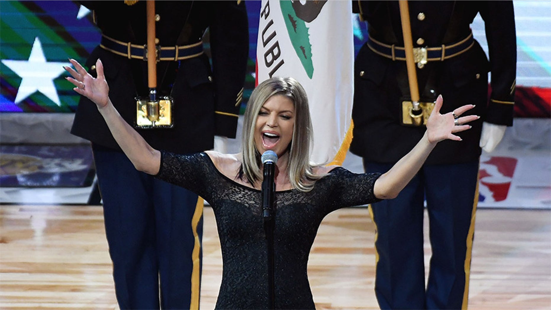 Recording artist Fergie performs the national anthem before the 2018 NBA All Star game at Staples Center.