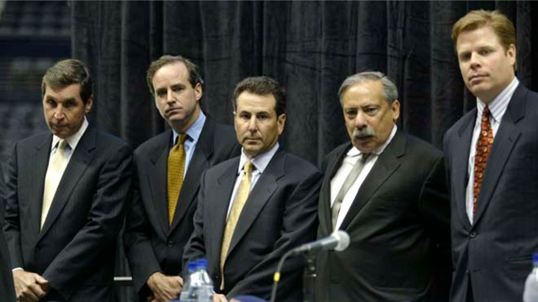 September 16, 2003: Primary owners, from left to right, Steve Belkin, J. Michael Gearon Jr., Bruce Levenson, Ed Peskowitz, and John Rutherford Seydel II, who have acquired the Atlanta Hawks NBA team and the Atlanta Thrashers NHL team, and operating rights to the Philips Arena, listen to a questionduring a press conference in Atlanta. (Reuters)