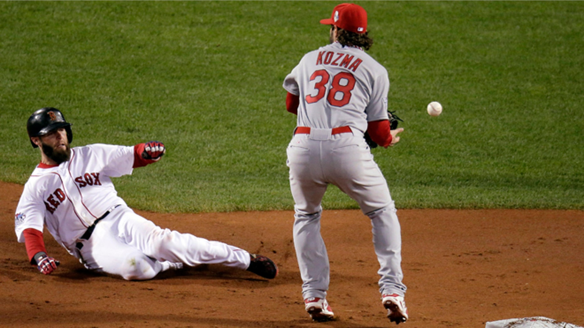 St. Louis Cardinals' Pete Kozma can't handle a throw as Boston Red Sox's Dustin Pedroia slides into second during the first inning of Game 1 of baseball's World Series Wednesday, Oct. 23, 2013, in Boston. (AP Photo/Charlie Riedel)