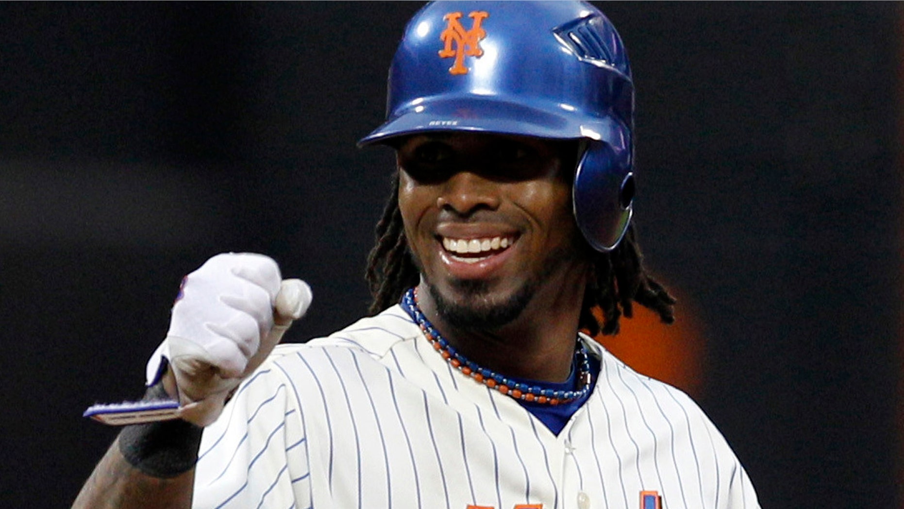FILE - In this Sept. 29, 2010, file photo, New York Mets shortstop Jose Reyes reacts after hitting a double during the first game of a baseball doubleheader against the Milwaukee Brewers at Citi Field in New York. (AP Photo/Kathy Willens, File)