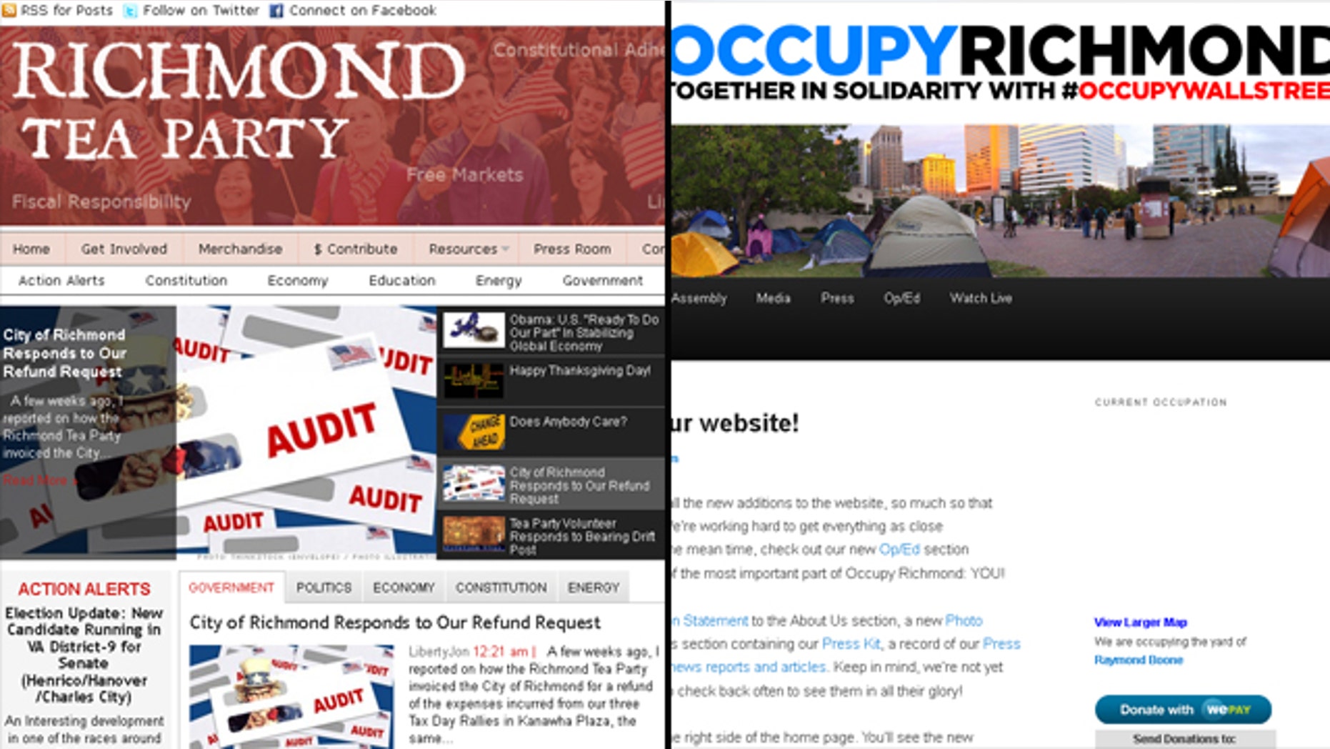 Richmond Tea Partiers are claiming a double standard between their group and their group and Occupy Richmond, seen in screengrabs of their websites.