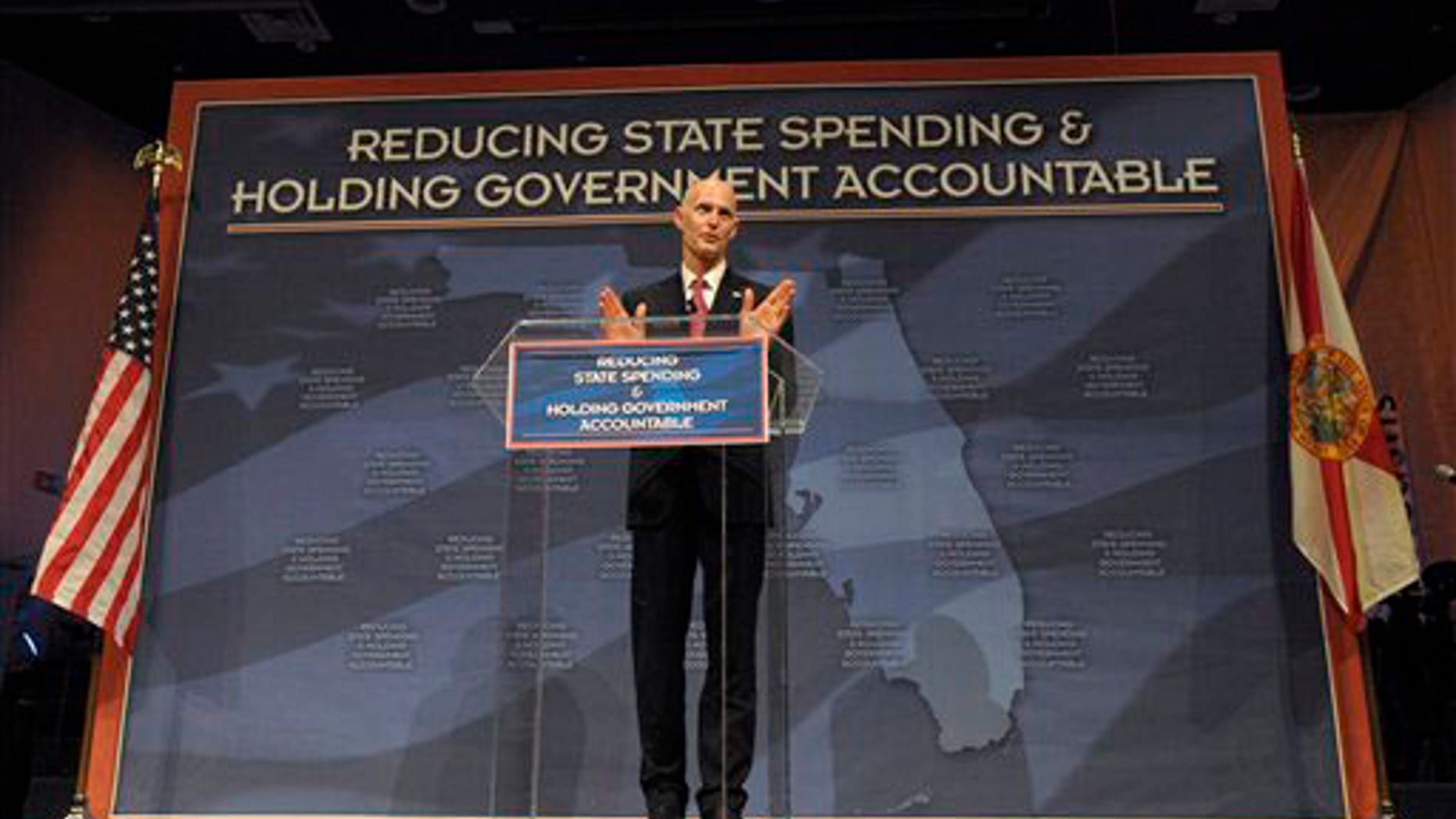 FILE: Florida Gov. Rick Scott announces his new budget during a Tea Party event in Eustis, Fla., on Feb. 7.
