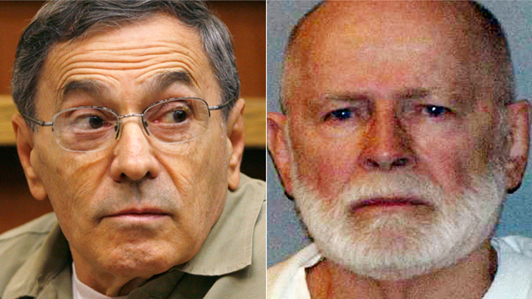 This pair of file photos shows Stephen "The Rifleman" Flemmi, left, on Sept. 22, 2008, as he testified in a Miami court in the murder trial of former FBI agent John Connolly; and James "Whitey" Bulger, right, in a June 23, 2011 booking photo provided by the U.S. Marshals Service.