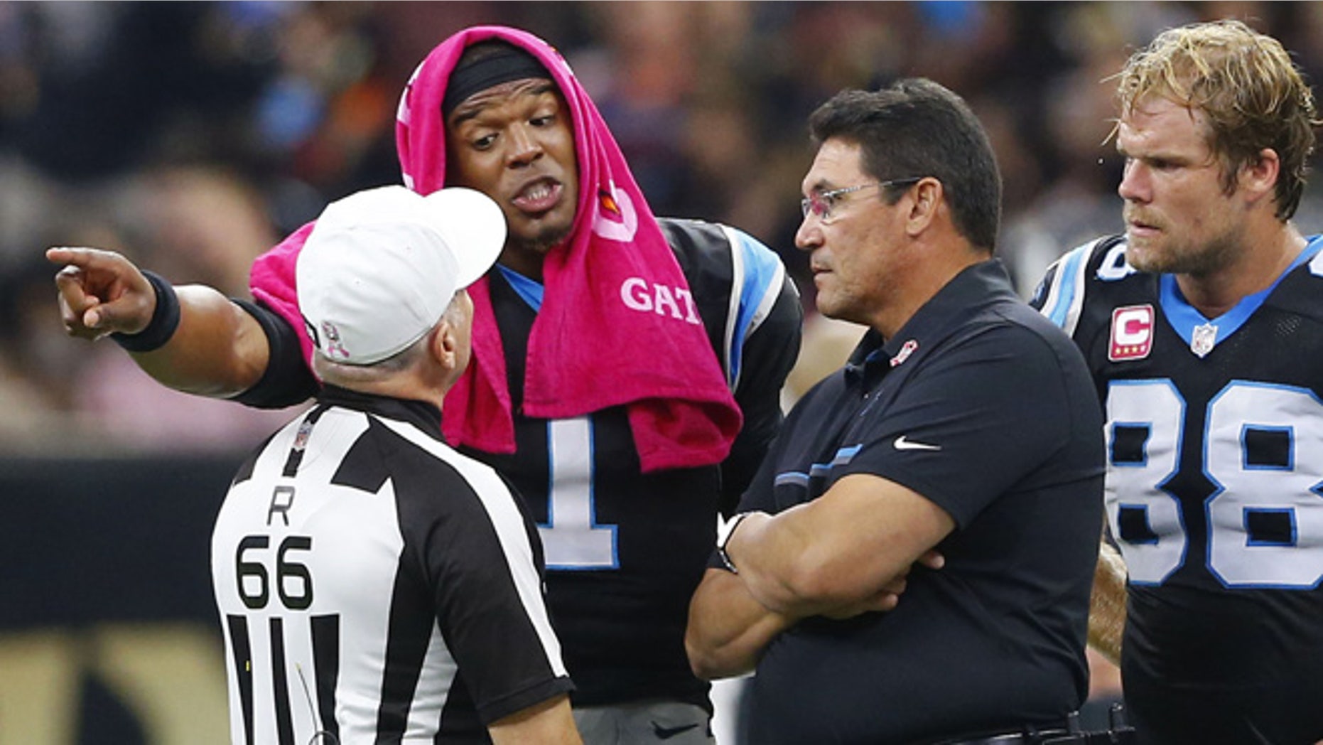 Quarterback Cam Newton, head coach Ron Rivera and tight end Greg Olsen in New Orleans, Oct. 16, 2016.
