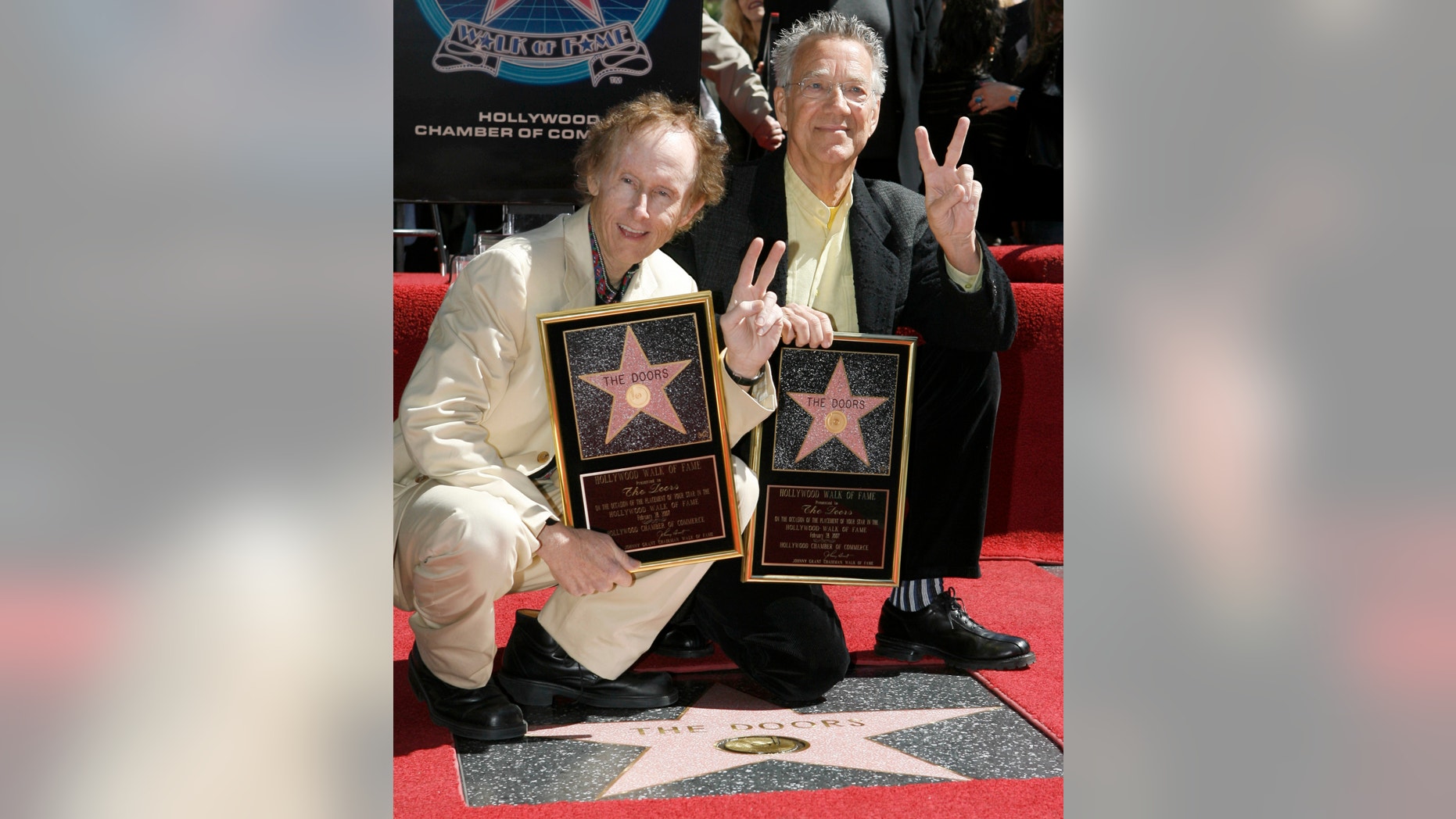 The Doors' guitarist Robby Kreiger, left, and keyboardist Ray Manzarek pose for photographers during the dedication of the 2,329th Star on the Hollywood Walk of Fame in Hollywood February 28, 2007