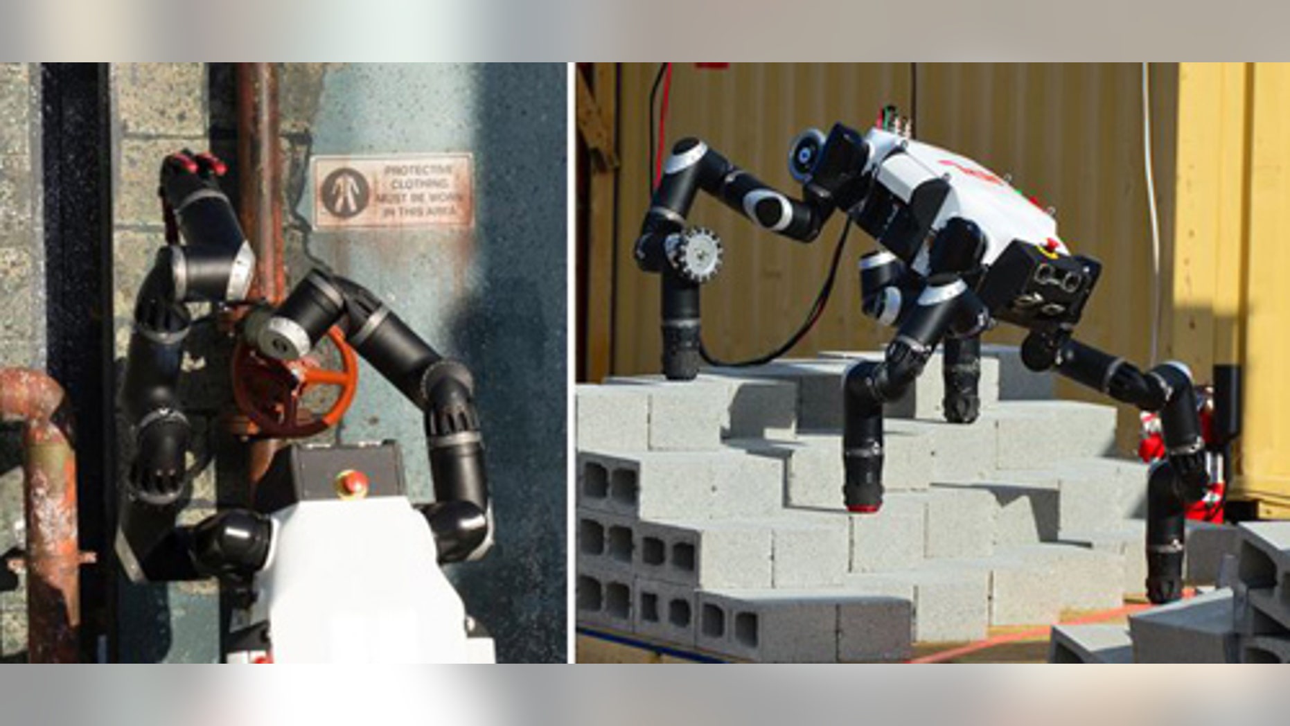 RoboSimian performs two tasks during the first DARPA Robotics Challenge. On the left the robot closes a valve, and on the right it walks over obstacles.