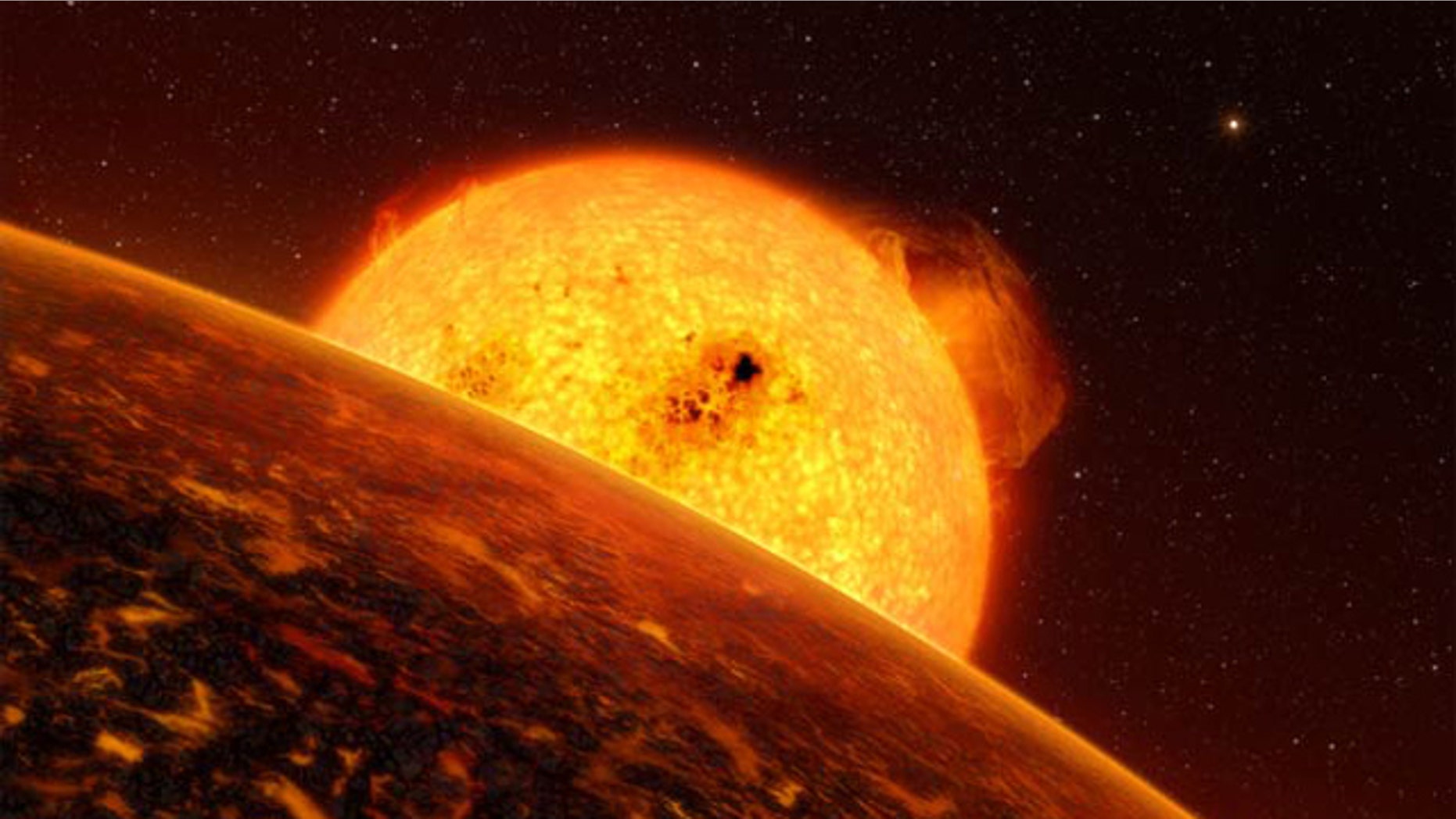 An artist's impression of Corot-7b, the first exoplanet confirmed to have rocky terrain like Earth's.