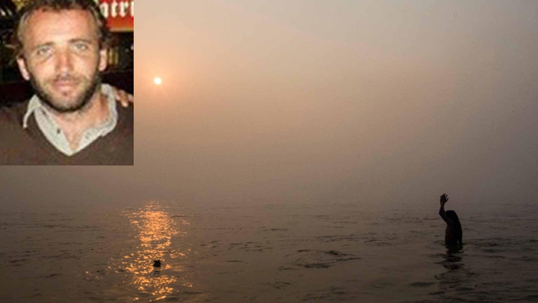 Inset: Héctor Rolotti (via Facebook). Main picture: A naga sadhu prays as he bathes in the waters of the holy Ganges river near Allahabad on January 14, 2013. (Photo by Daniel Berehulak/Getty Images)