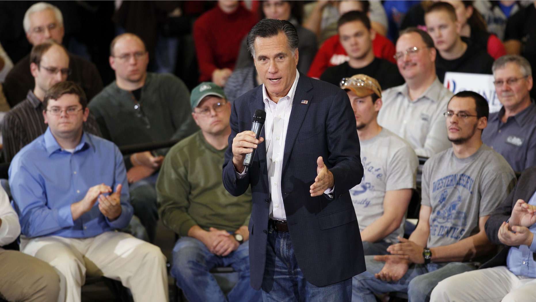Republican presidential candidate, former Massachusetts Gov. Mitt Romney holds a town hall meeting at Taylor Winfield in Youngstown, Ohio, Monday, March 5, 2012. (AP Photo/Gerald Herbert)